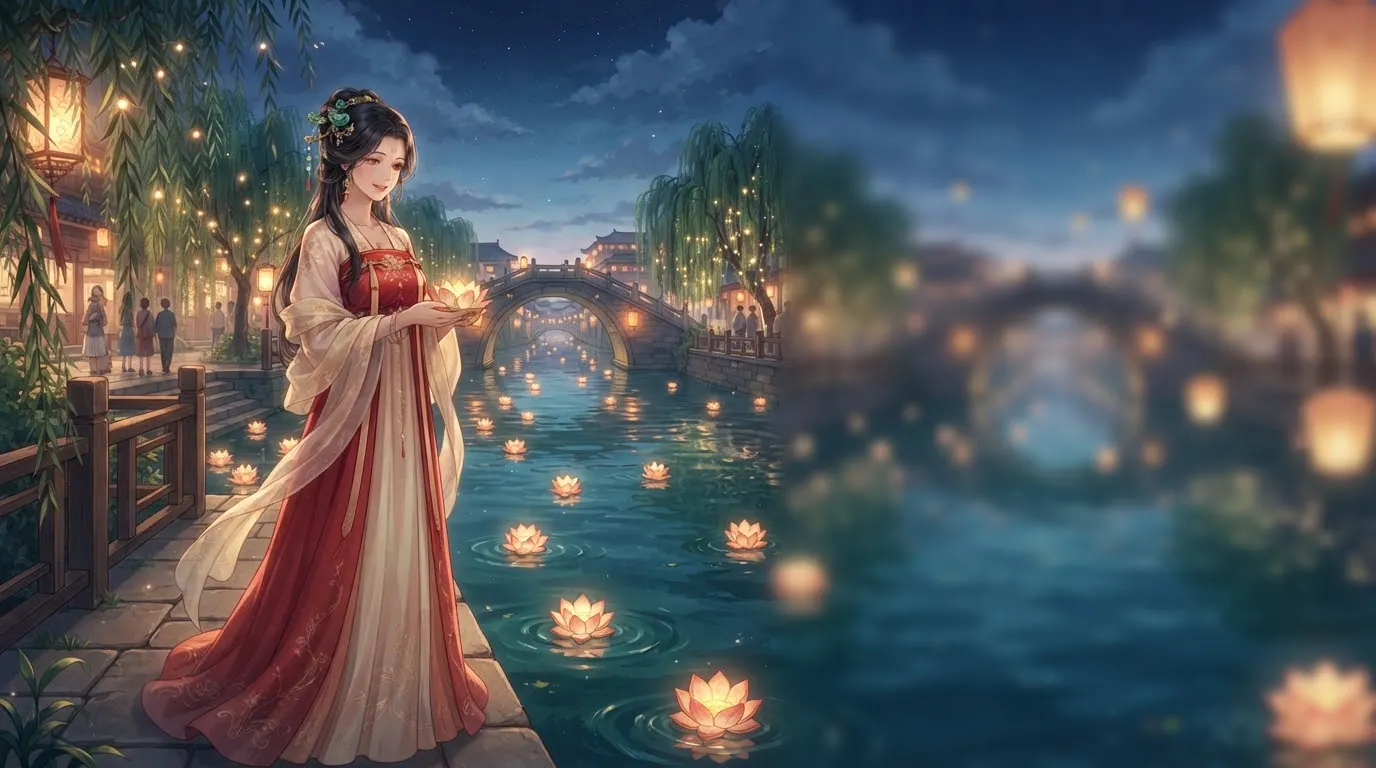 暮色水岸边，身着朱红衣裙的女子手托莲灯，身后是石桥、垂柳与河中灯影。